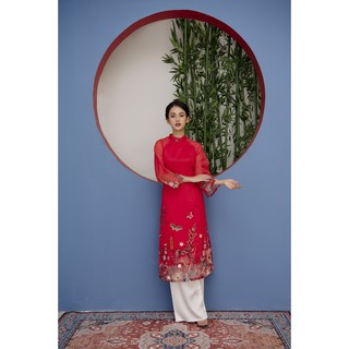 Áo cách tân sang chảnh 🎀FREESHIP🎀 Áo dài cách tân đỏ phối hoa chân [ao dai dep]