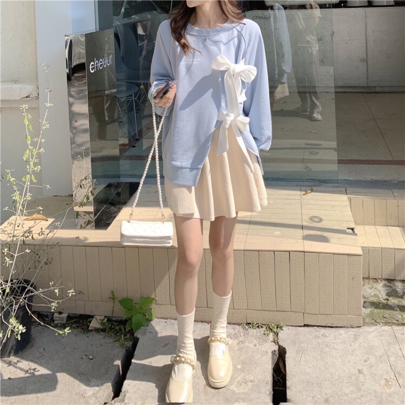 Váy thu đông áo sweater tiểu thư buộc nơ + chân váy cạp chun co giãn