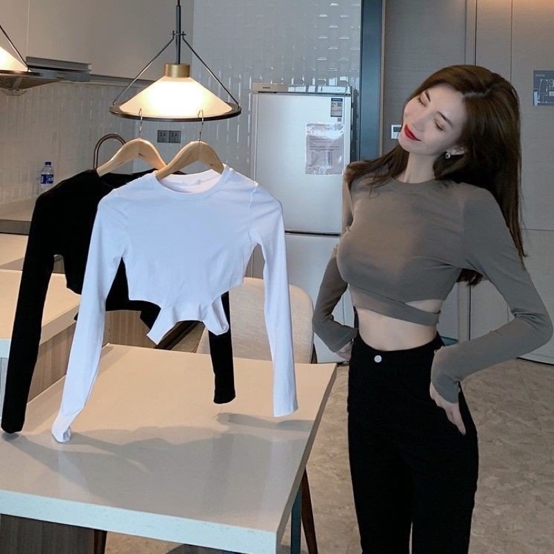 Áo Croptop Khoét Eo Full Đen Trắng Ghi by Hạ Linh Store