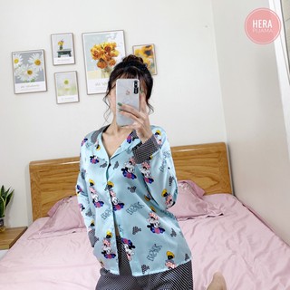 Đồ Ngủ Đẹp, Đồ Bộ Kiểu Lụa Satin Cao Cấp Phối Họa Tiết Chuột Micky Chấm Bi - Hera Pijama