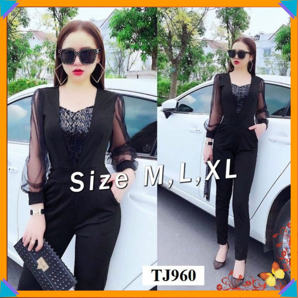 Jumpsuit Đẹp 🌸FREESHIP🌸 Jum dài tay phối lưới đính kim sa ngực xinh xắn TJ960