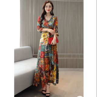 Váy đầm maxi cuốn eo dáng dài boho bohemian vintage hoạ tiết thổ cẩm hoa lá đẹp xinh bisgize s m l xl xxl 3xl
