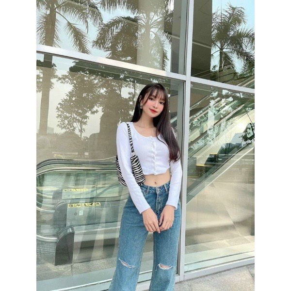 Áo Croptop Dài Tay MIMILA Áo Thun Gân Khoét Eo Phối Cúc Bấm Thời Trang Cá Tính Cho Nữ - MA018
