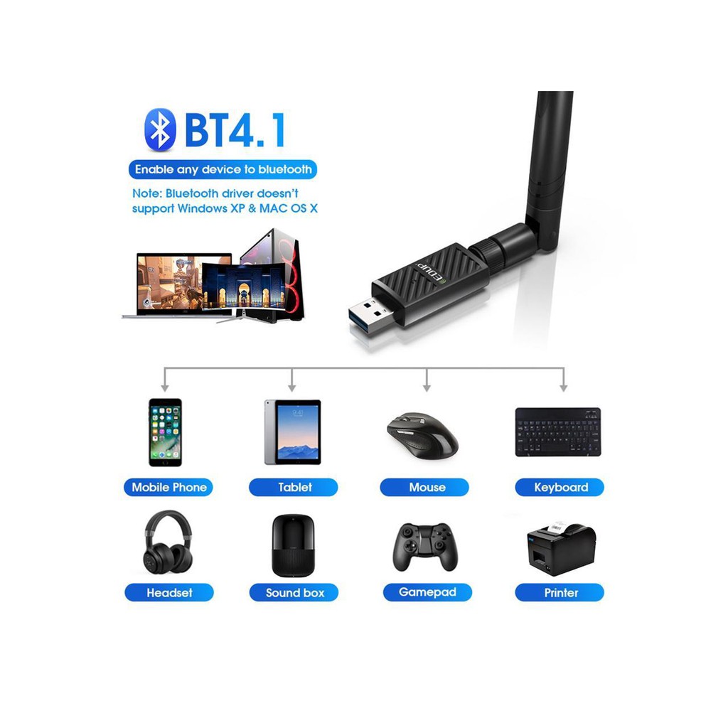 Card Mạng USB 3.0 Thu Wifi chuẩn AC 1200Mbps + Bluetooth 4.1 [2 in 1] | EDUP EP-AC1690 | BigBuy360 - bigbuy360.vn