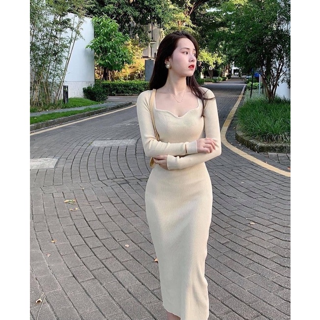 (CÓ SẴN) Váy Len Body Cổ vuông Mẫu Mới 2021 Nữ Hàng Quảng Châu loại đẹp | BigBuy360 - bigbuy360.vn