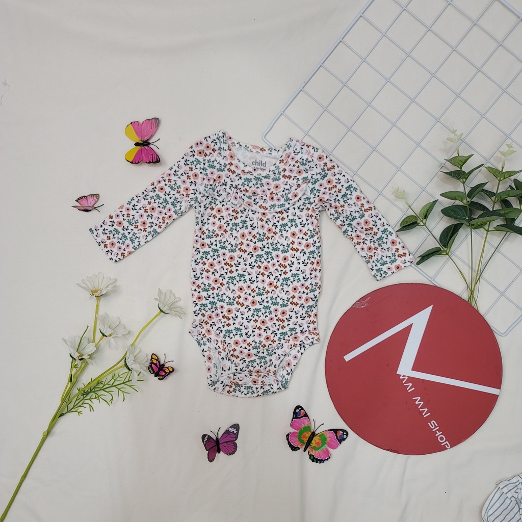 (9-12M chọn màu- gái) Body chip TAY DÀI xuất dư cổ tròn, cổ đáp vai cho bé gái- Bộ liền thân, BODYSUIT cho bé