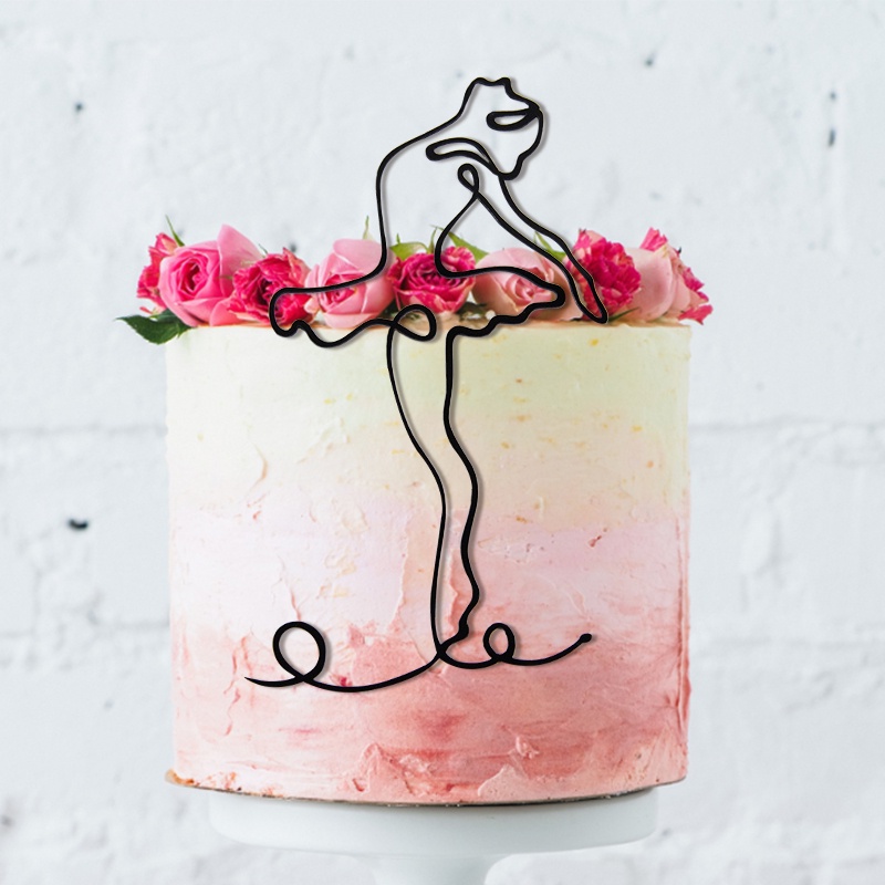 Acrylic Abstract Line Lady Face Cake Topper Happy Birthday Cake Decor Black Gold Minimalist Art Character DIY Girl Wedding Anniversary Party Supplies