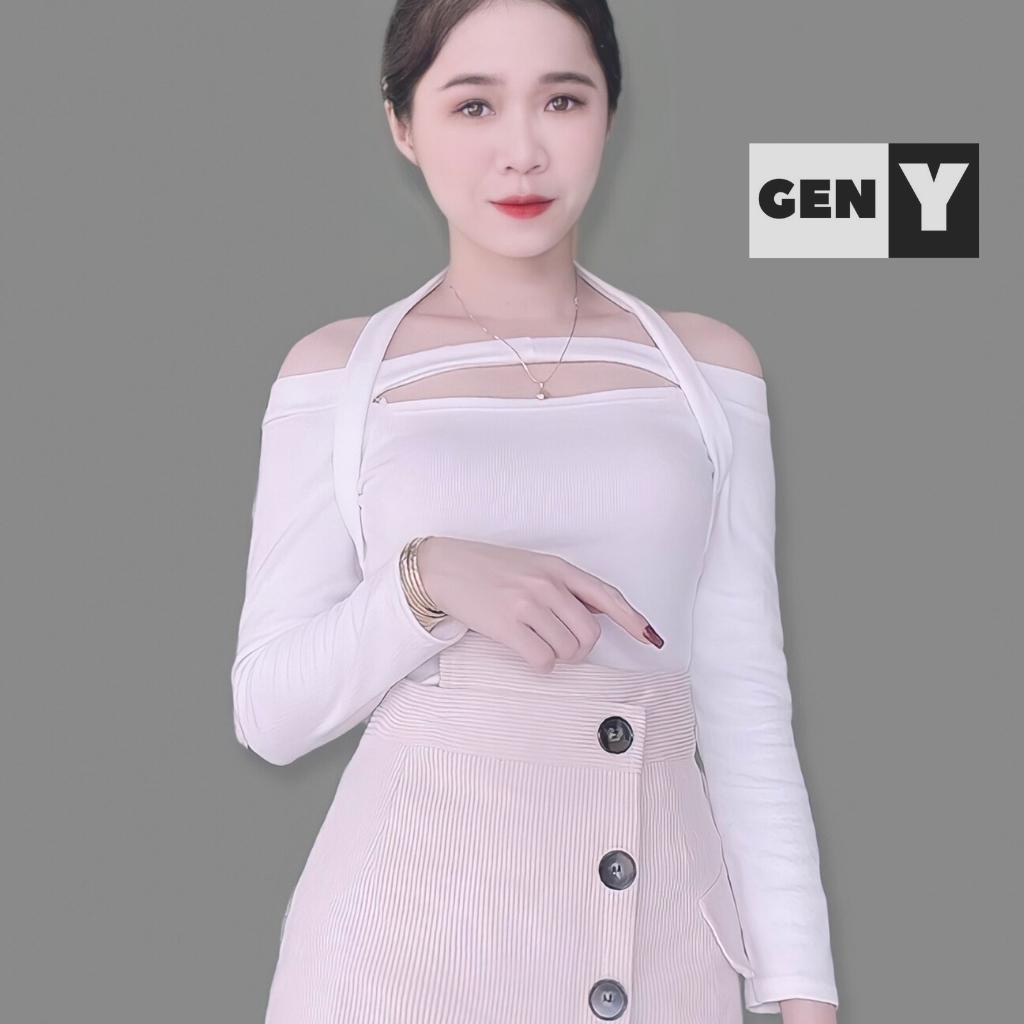 Áo croptop nữ kiểu ôm body khoét ngực GenY - Áo kiểu nữ tay dài trễ vai vạt chéo chất len tăm