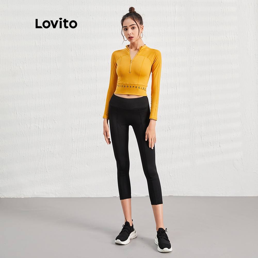 Áo khoác thể thao cổ đứng in chữ Lovito phối khóa kéo màu vàng L07050 | BigBuy360 - bigbuy360.vn
