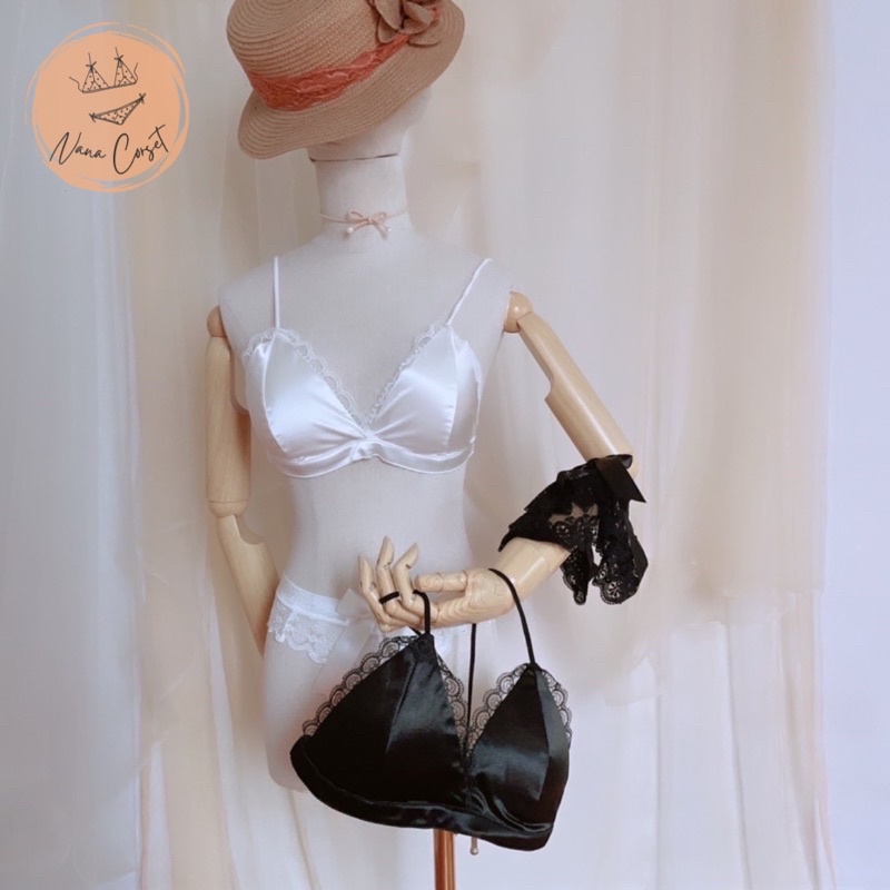 Bộ đồ bra satin ren, quần nơ quyến rũ