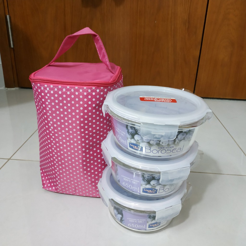 Combo 3 hộp thuỷ tinh Lock&Lock 650ml Kèm túi giữ nhiệt | BigBuy360 - bigbuy360.vn