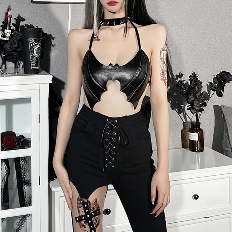 Áo Croptop Sát Nách Da PU Màu Đen Hình Dơi Phong Cách Gothic Thời Trang Mùa Hè Quyến Rũ Cho Nữ