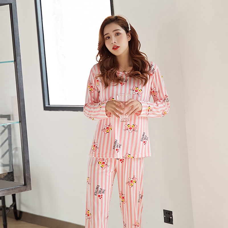 xiaohan korea spring autumn loose female nightwear round neck long sleeve sleepwear set women cute printed pajama suit | BigBuy360 - bigbuy360.vn