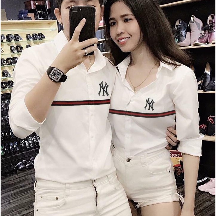 Áo sơ mi nam nữ hàn quốc SM45 In logo NY sọc kẻ ngang thời trang