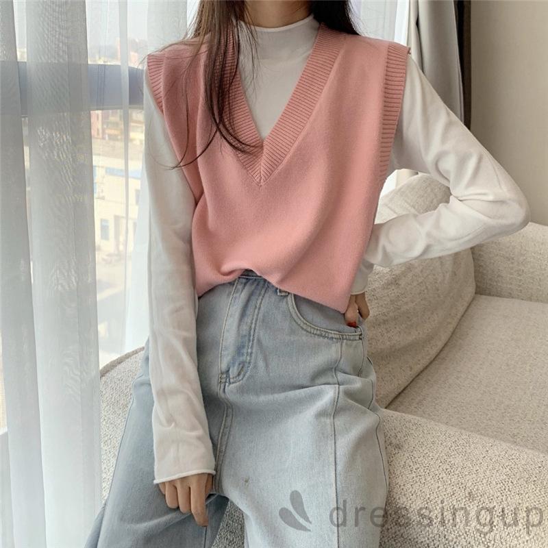 Áo dệt kim không tay cổ chữ V màu trơn thời trang đơn giản cho nữ | BigBuy360 - bigbuy360.vn