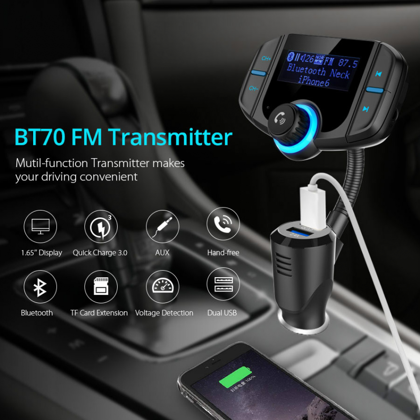 BT70 Bộ phát Bluetooth FM Âm thanh trên ô tô Máy nghe nhạc MP3 Ô tô không dây Cuộc gọi rảnh tay QC3.0 Hỗ trợ sạc nhanh TF USB AUX