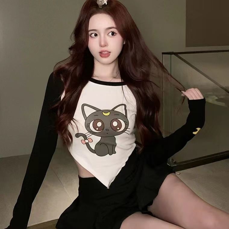 Cat Diana Áo Thun Ngắn Ôm Eo Tay Dài Màu Trắng Đen Tương Phản Xinh Xắn Cho Nữ