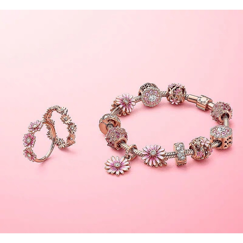 charm pan xỏ ngang hoa 5 cánh vàng hồng bạc s925