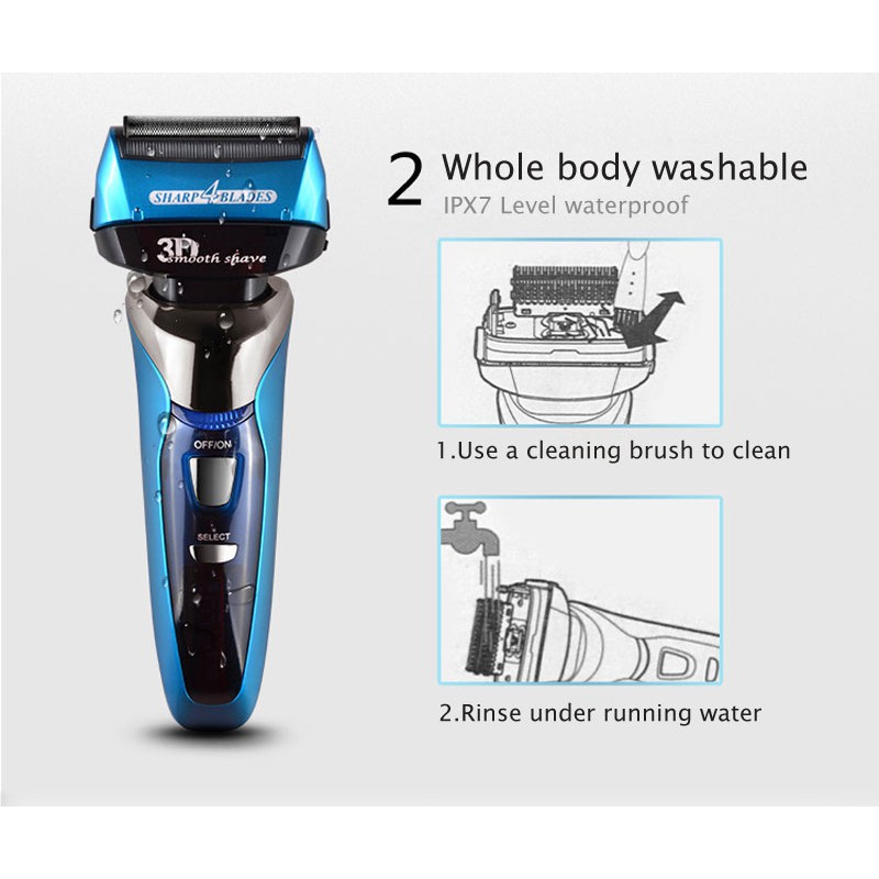 Máy Cạo Râu Điện Kemei Thiết Kế Nổi 3D 4 Lưỡi Dao Chuyển Động Qua Lại Sạc Được Chống Thấm Nước Màn Hình LCD
