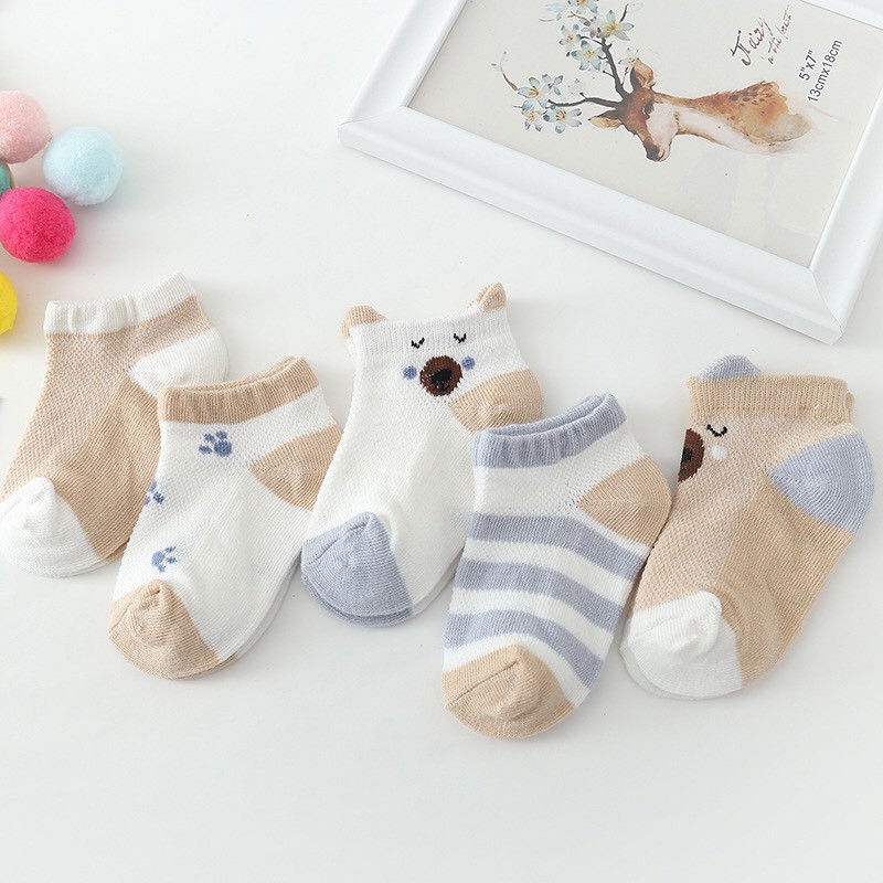 Set 5 đôi tất điều hòa cotton cổ thấp Kid's Socks mềm mại thoáng khí cho bé từ 0-3 tuổi