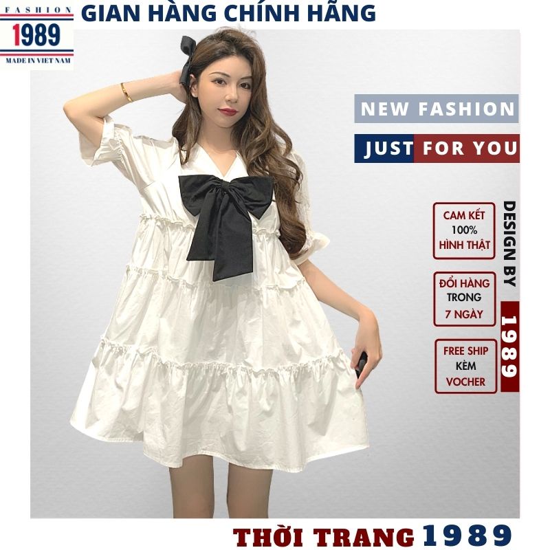 Đầm babydoll nữ ❤️váy xoè cổ v đính nơ❤️ chất thô mềm xếp tầng, tiểu thư -phương_1989 | BigBuy360 - bigbuy360.vn