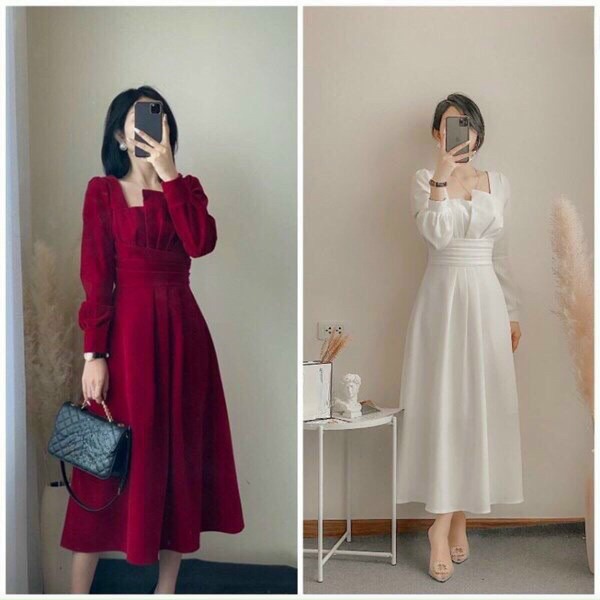 Đầm chụp kỉ yếu xếp ly dáng dài tay dài có sẵn mút ngực, đầm dự tiệc sang chảnh tay dài màu đỏ đô và màu trắng