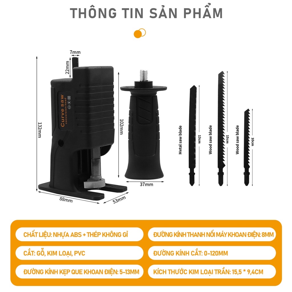 Bộ chuyển đổi máy khoan thành máy cưa ,điện cầm tay kèm 3 lưỡi cưa gỗ kim loại nhựa