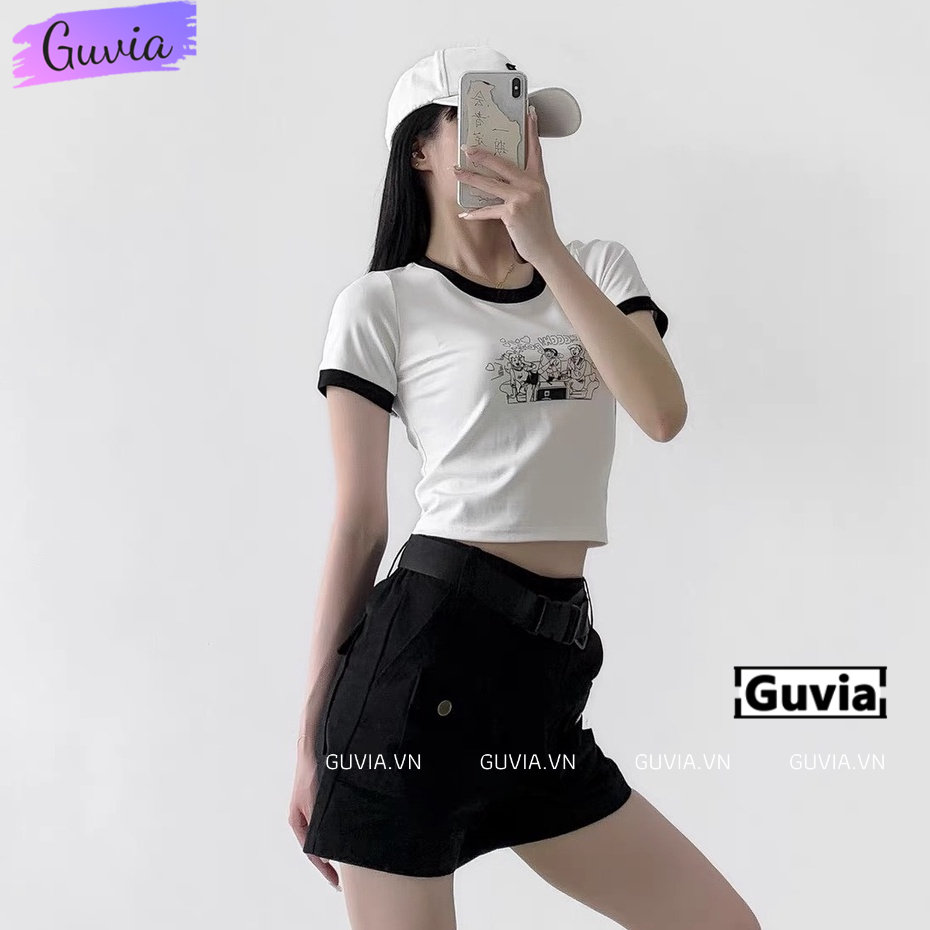 Áo Croptop Ôm Body Nữ SMOOCH TIM Cổ Tròn Tay Ngắn, Áo Thun Croptop Kiểu In Họa Tiết GUVIA CR89