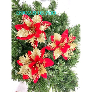 Sét 5 hoa trạng nguyên xanh coban đỏ kim tuyến vàng 14cm phụ kiện trang trí cây thông noel giáng sinh