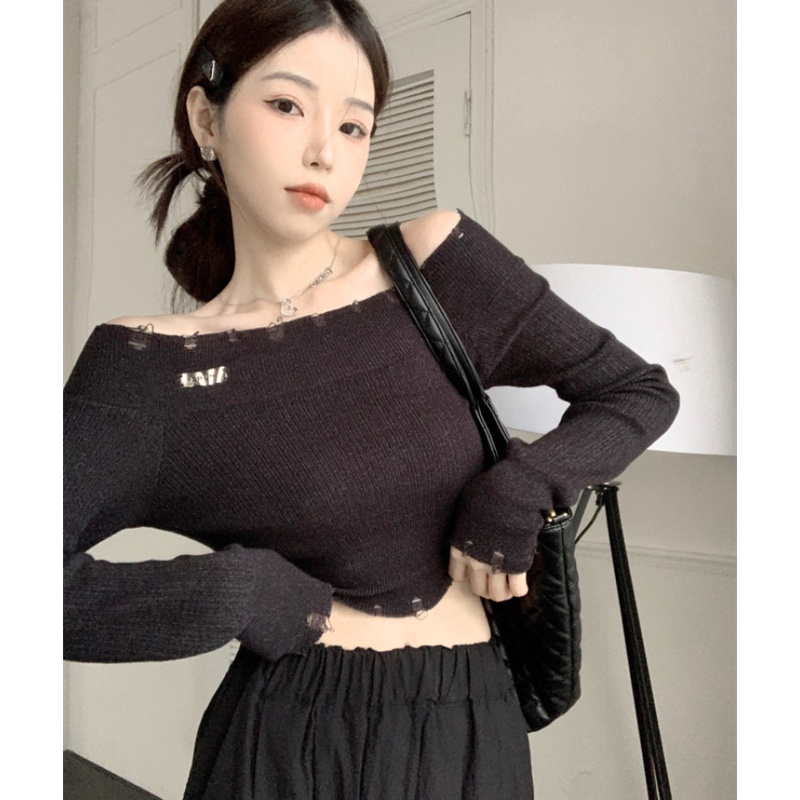 Áo Sweater Dệt Kim Mỏng Tay Dài Màu Trơn Thiết Kế Rách Cá Tính