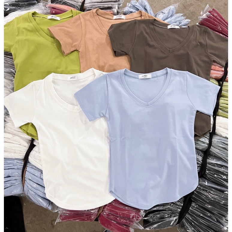 Áo Cotton Nữ Áo Thun Nữ Cổ Tim Vạt Tôm Basic Siêu Dễ Mặc
