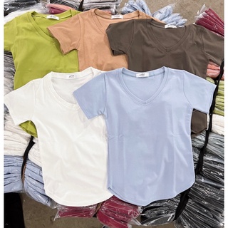 Áo cotton nữ áo thun nữ cổ tim vạt tôm basic siêu dễ mặc
