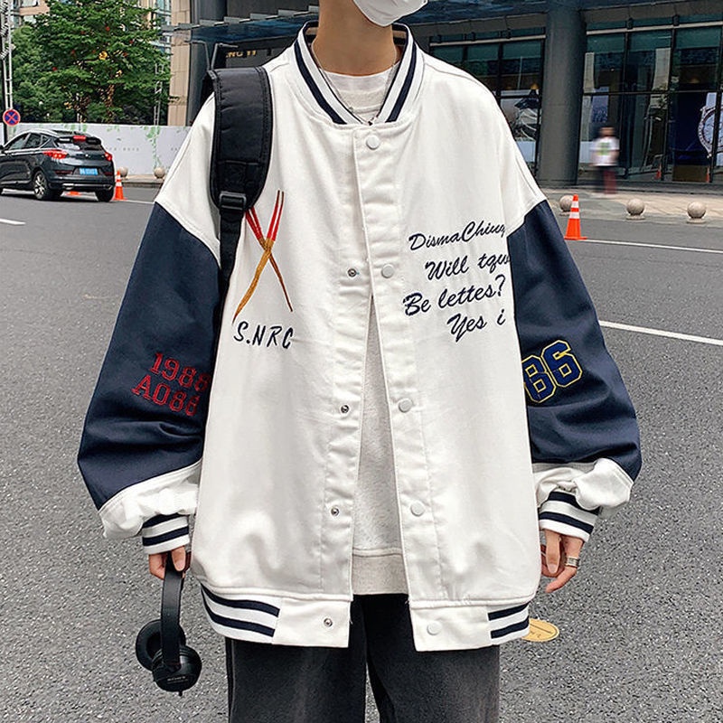 Áo khoác bóng chày cổ chữ V dáng rộng thêu họa tiết thời trang dành cho nam