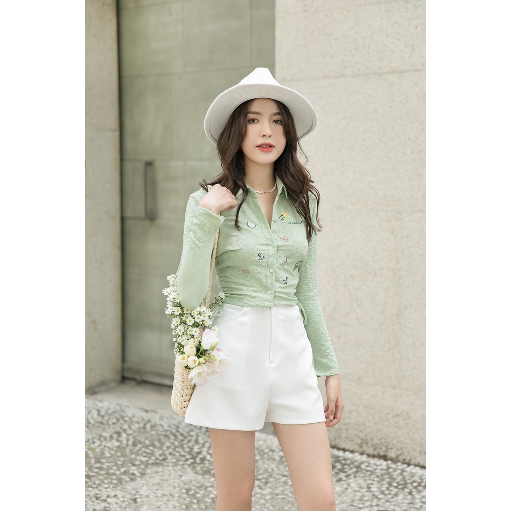 Áo crop sơ mi Oversized thêu dưa hấu [XW8]