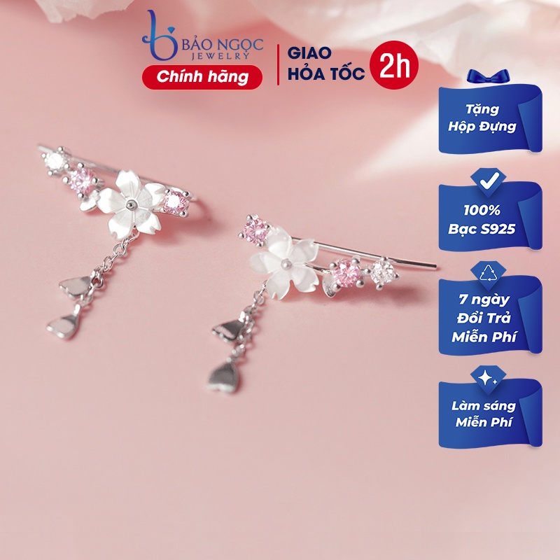 Khuyên tai nữ dáng dài bạc ý s925 hình bông hoa 5 cánh đính đá sang trọng - B2630 - Bảo ngọc Jewelry