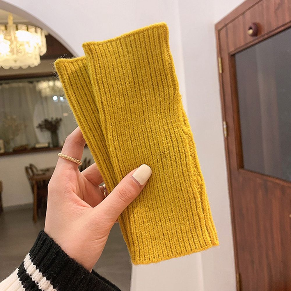Găng tay hở ngón bằng vải nhung dệt kim dày dặn thoáng khí màu trơn dễ thương thời trang cho nữ