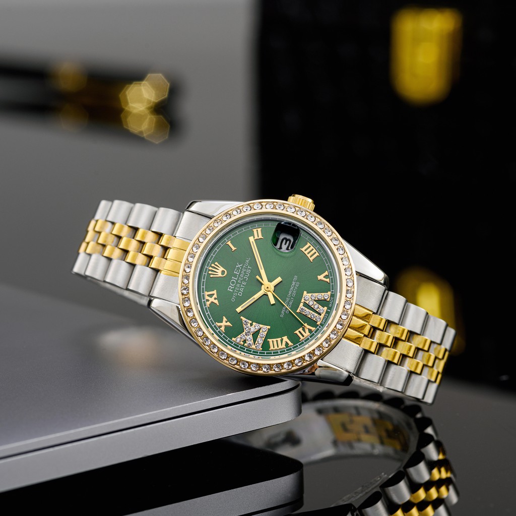 Đồng hồ nữ Rolex mặt tròn đính đá sang trọng dây kim loại bảo hành 12 tháng DHN603