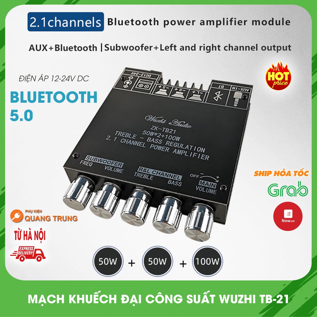 Mạch khuếch đại công suất Wuzhi TB-21,khuếch đại 2.1 kênh, có bluetooth 5.0 dành cho anh em chế loa 2.1