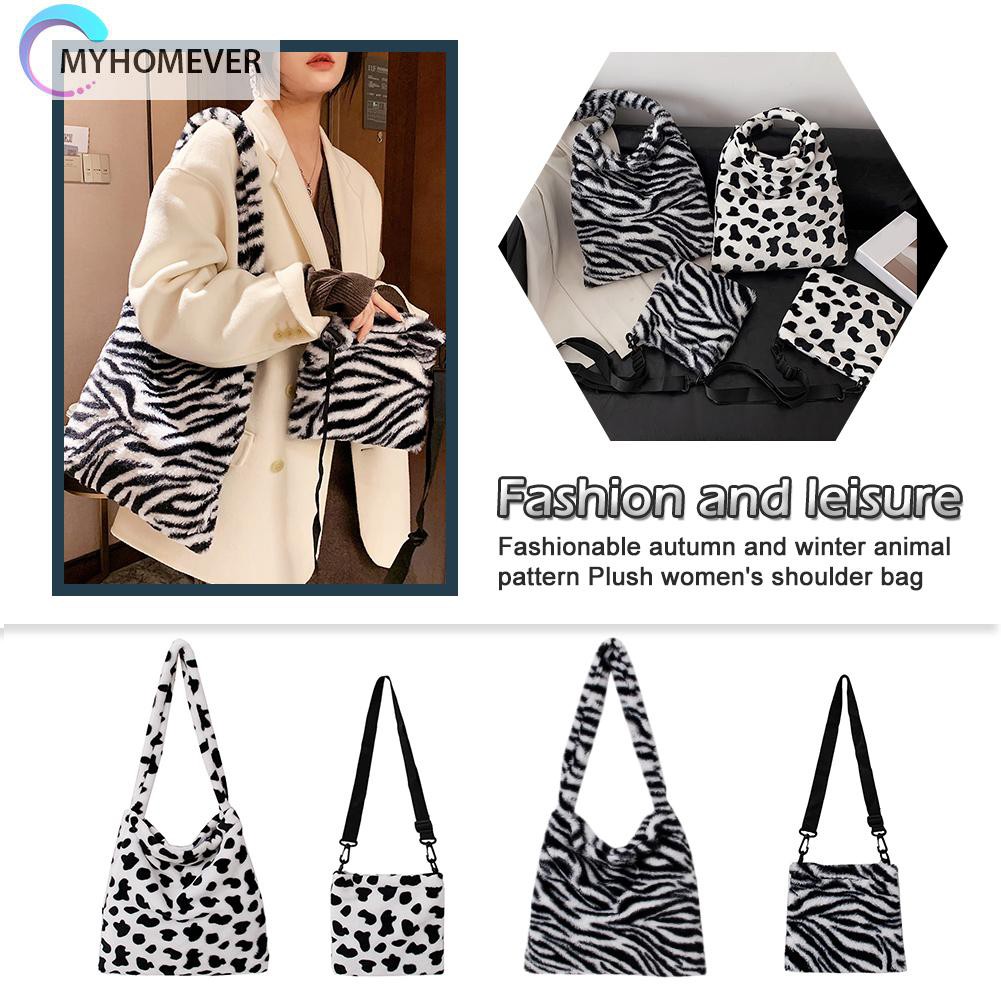 Túi đeo vai vải lông họa tiết da thú sức chứa lớn phong cách vintage dành cho nữ