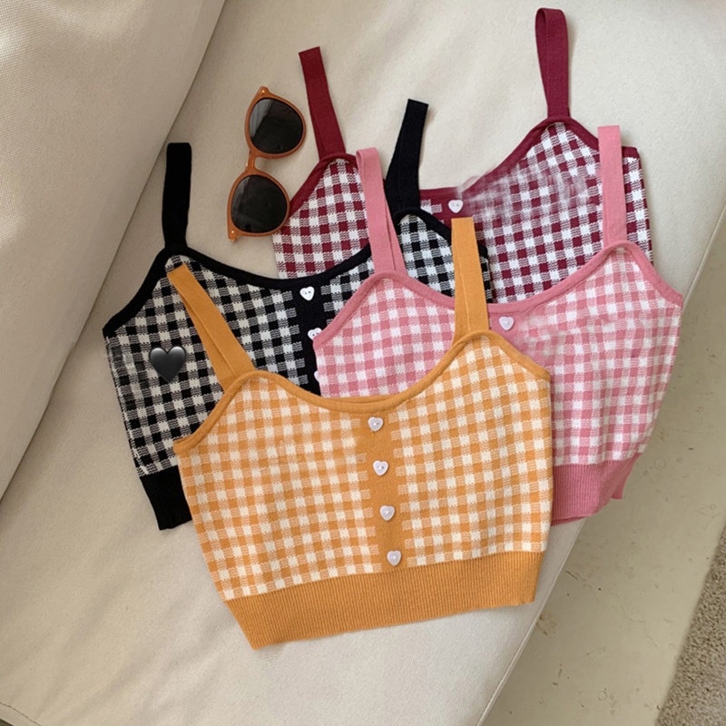 Ivy Áo Sweater Dệt Kim Hai Dây Màu Sắc Tương Phản Họa Tiết Kẻ Sọc Phối Nút Phía Trước Phong Cách Pháp Thời Trang