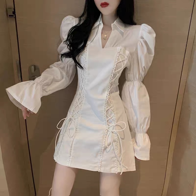 Đầm trắng BRIE CLOTHING cổ sơ mi đan dây eo tay loe - D226 | BigBuy360 - bigbuy360.vn