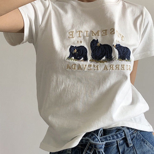 Áo thun dáng ngắn tay ngắn vải cotton in hình gấu thời trang mùa hè phong cách Hàn Quốc hàng mới cho nữ