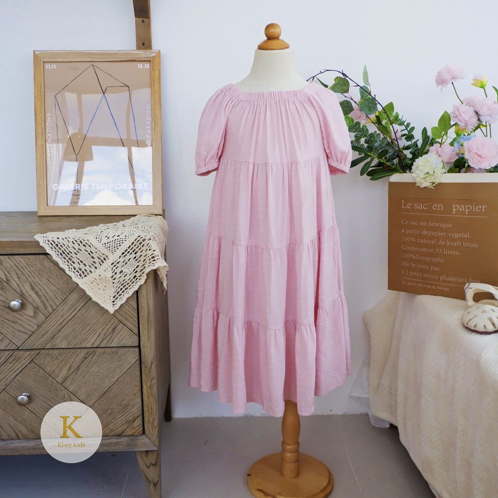 Váy bé gái maxi KIWY KIDS chất linen thô nhăn màu hồng ngọt ngào Kidsh2163 cho bé từ 5 đến 11 tuổi