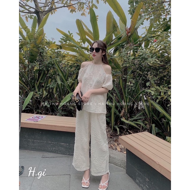 Set ren trễ vai quần dài tiểu thư xinh xắn