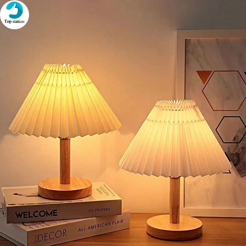 Nordic INS Pleated Table Lamp Bedroom Bedside Korean Creative Retro Bed Solid Wood Light Home Decor