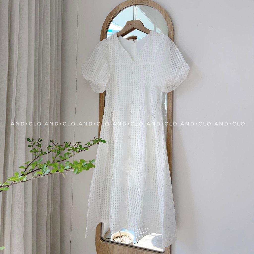 Đầm midi voan kẻ ô tay bồng