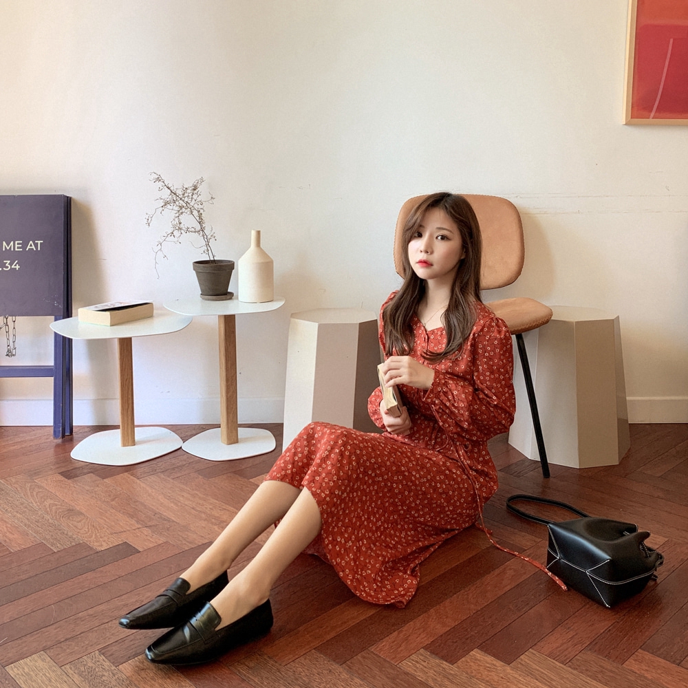 SUXI Đầm tay dài hoạ tiết hoa phong cách Hàn Quốc