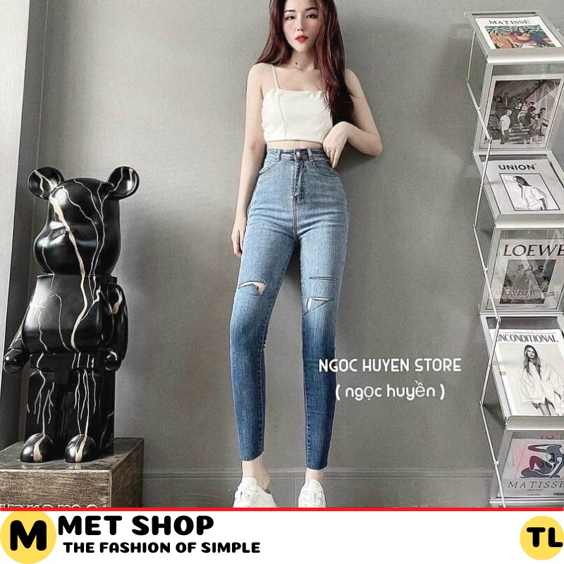 Quần jeans ôm loang đen rách gối co giãn lưng cao . MET SHOP