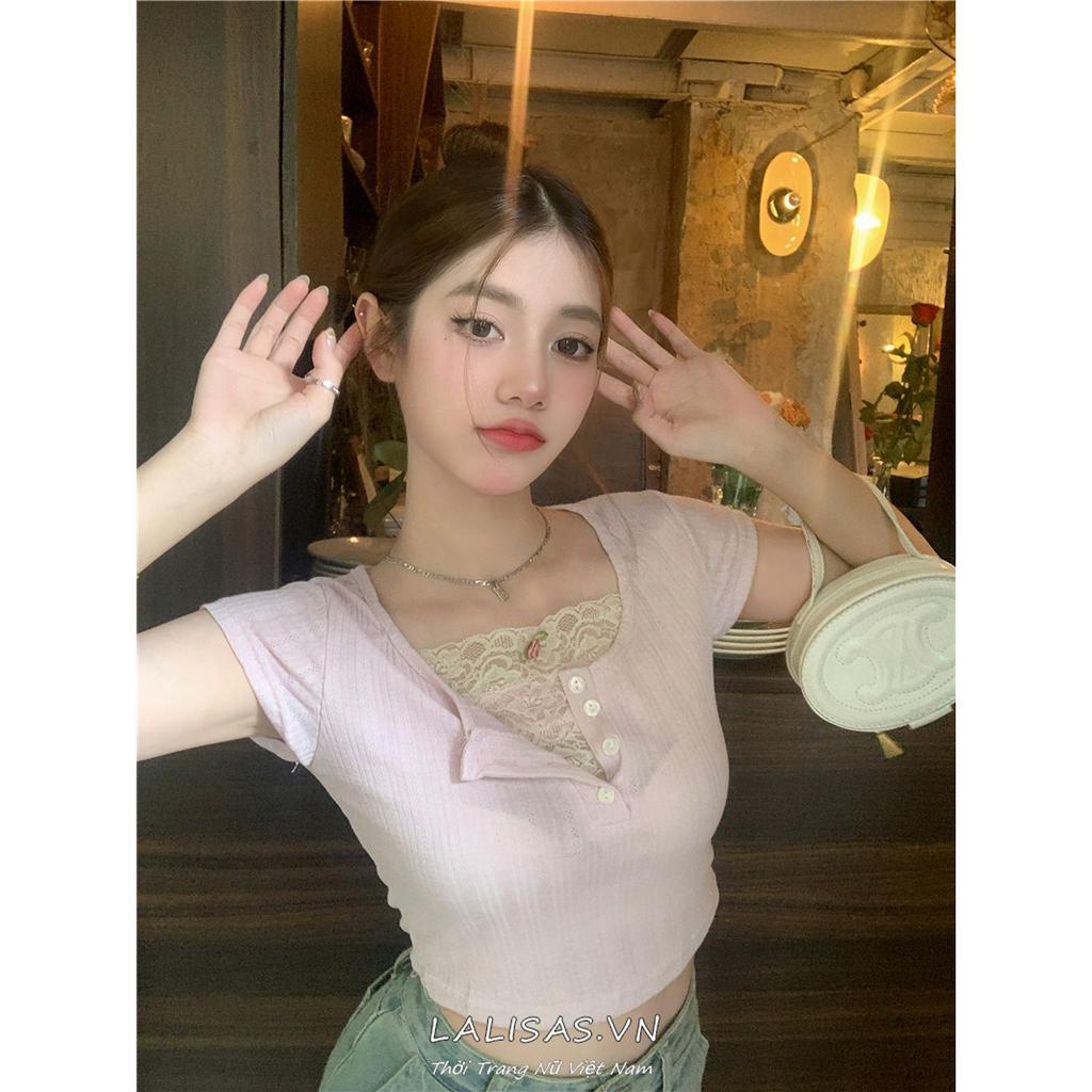 Lalisas Áo Croptop Ngắn Tay Phối Ren Thiết Kế Ngọt Ngào Cho Nữ