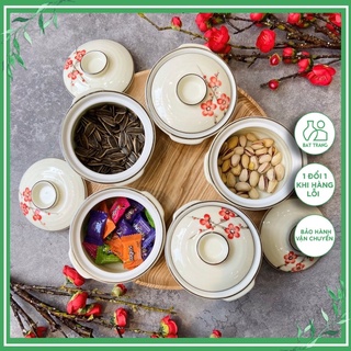 Hũ Sứ Đựng Mứt Tết Bánh Kẹo Men Kem Vẽ Tay Nhiều Mẫu Kèm Khay Gỗ Làm Quà Tặng Sứ Bát Tràng Cao Cấp